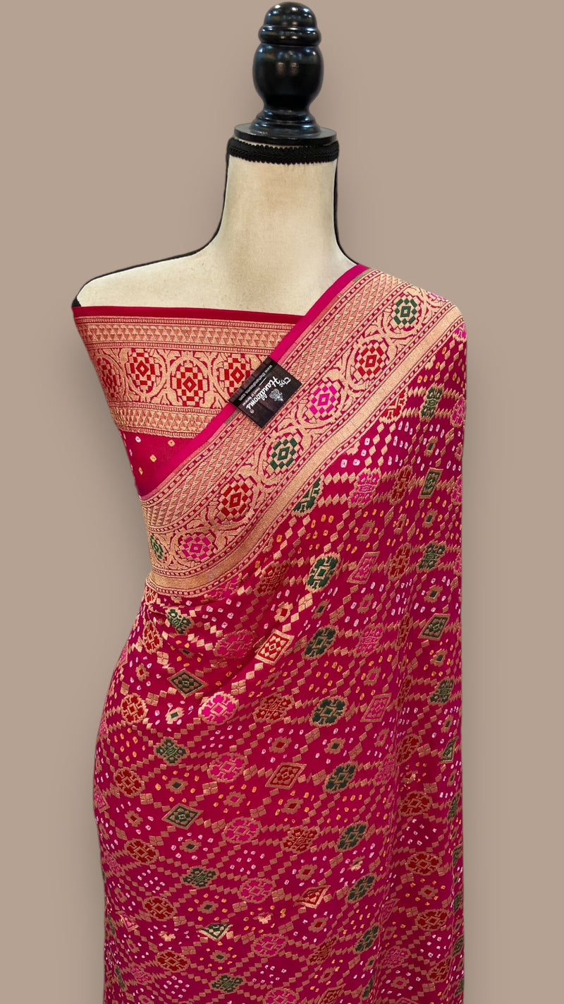Pure Georgette Banarasi Bandhej Handloom Saree - with meenakari work - The Handlooms