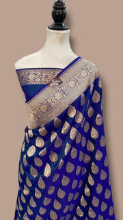 Royal Blue Pure Katan Silk Banarasi Handloom Saree - All over jaal work - The Handlooms
