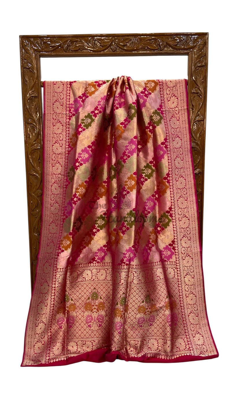 Multicolor Pure Katan Silk Banarasi Handloom Saree - All over Jaal Work With Rangkart - The Handlooms
