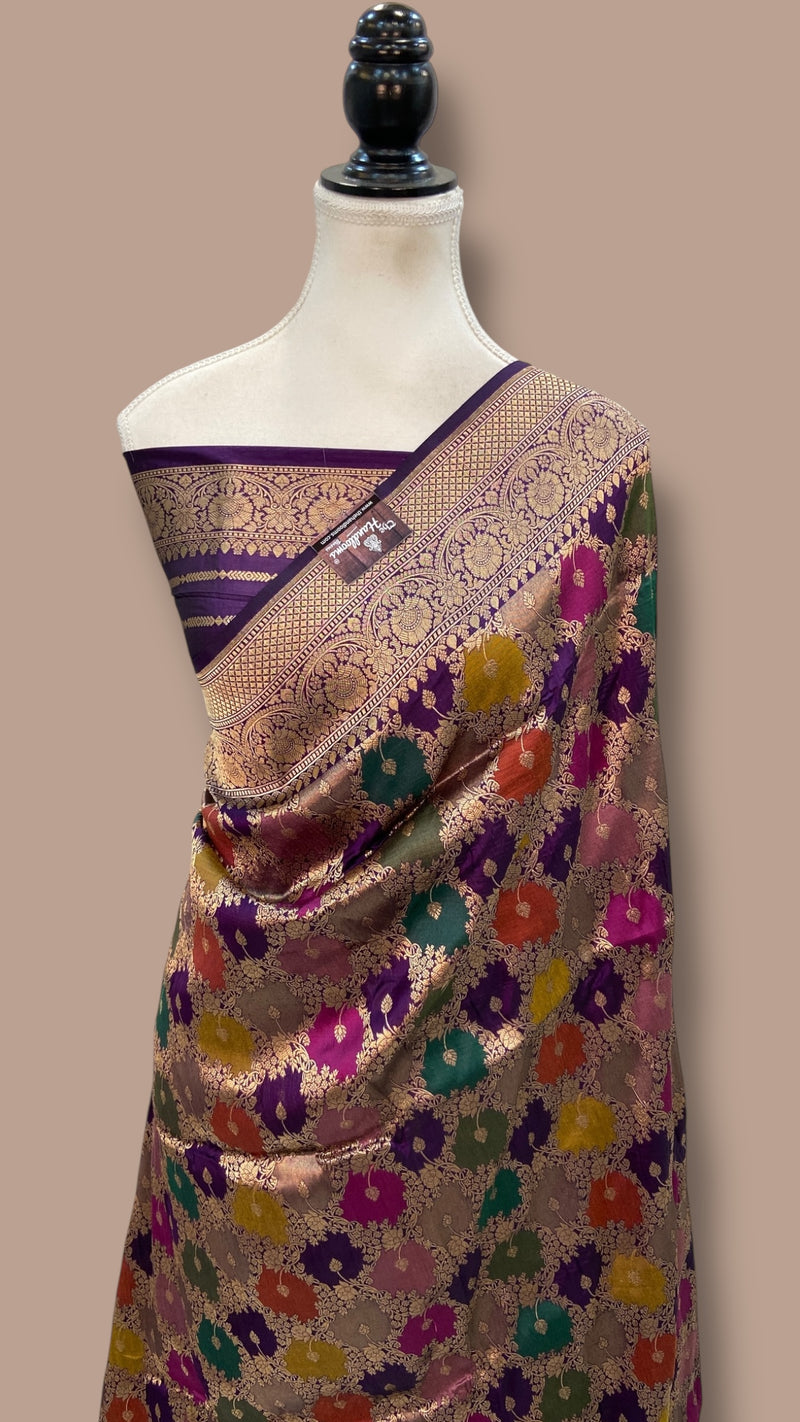 Multicolor Pure Katan Silk Banarasi Handloom Saree - All over Jaal Work With Rangkart - The Handlooms