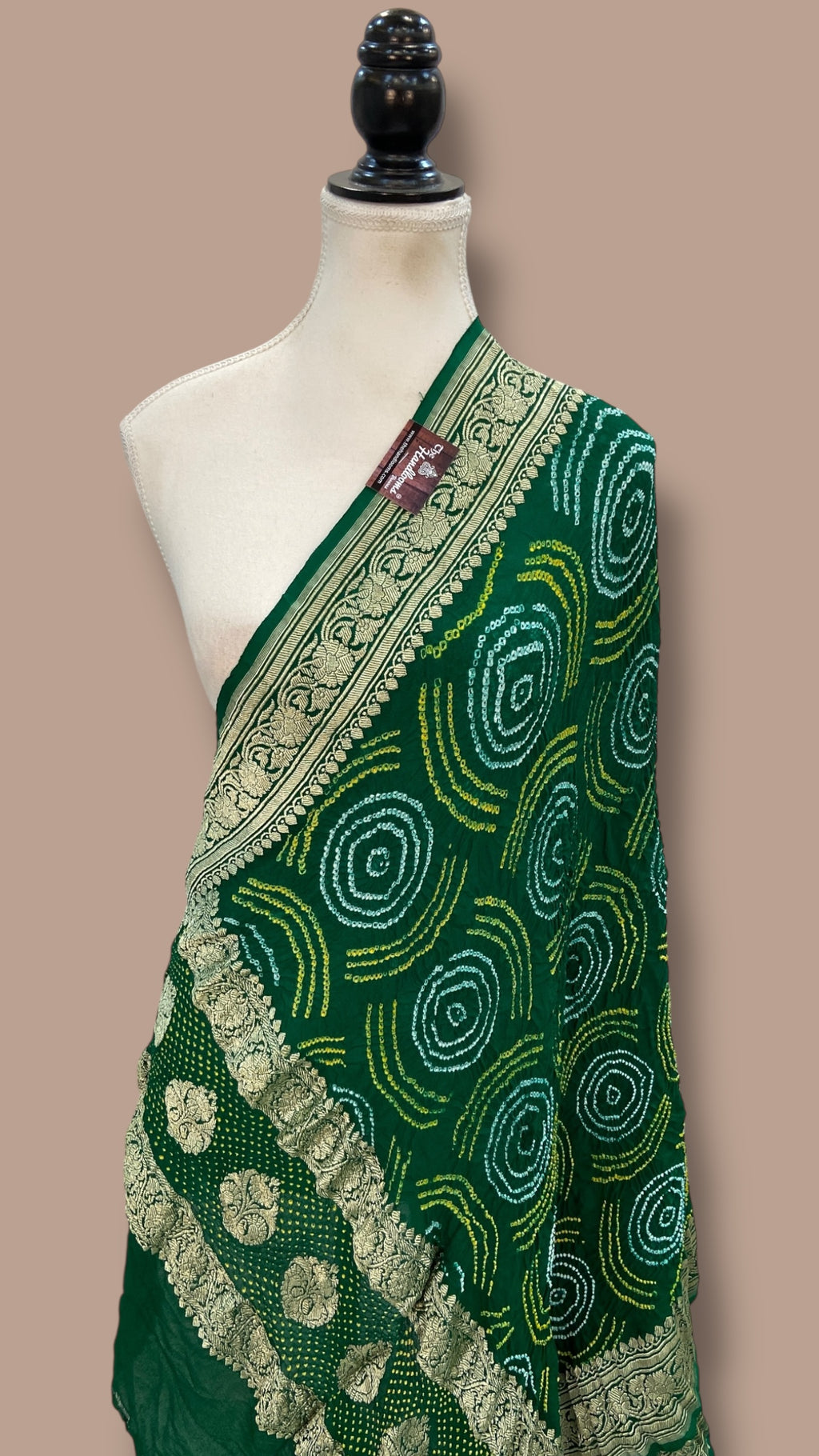Georgette Bandhej Handwoven Dupatta with Gold Border Rama Green
