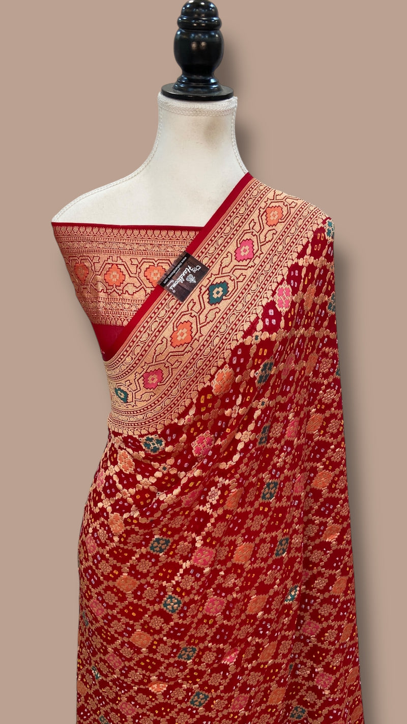 Pure Georgette Banarasi Bandhej Handloom Saree - Meenakari - The Handlooms