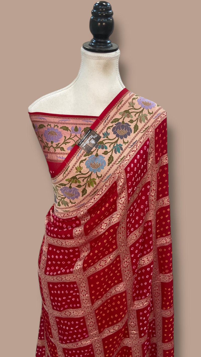 Pure Georgette Banarasi Bandhej Handloom Saree - Meenakari - The Handlooms