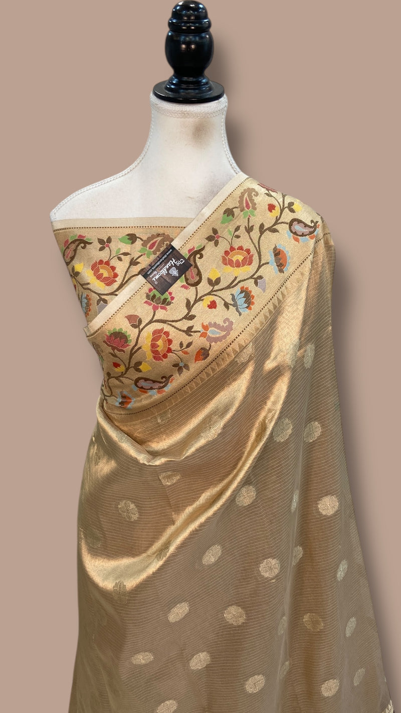 Pure Kora Tissue Handloom Banarasi Saree - Paithani Border - The Handlooms