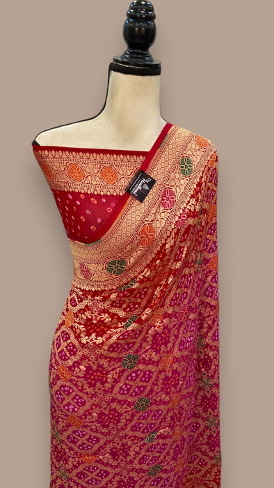 Pure Georgette Banarasi Bandhej Handloom Saree - with meenakari work