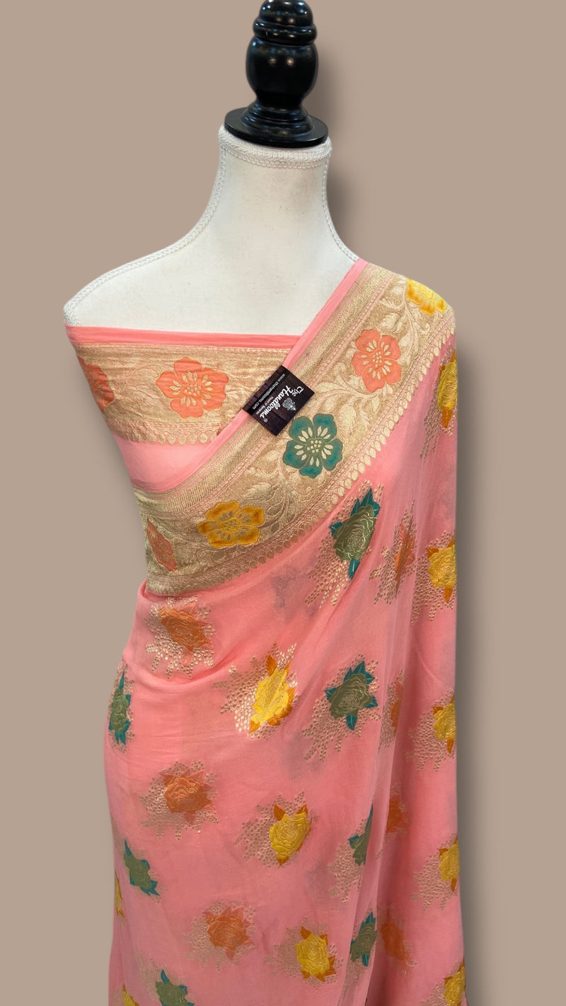 Pure Khaddi Georgette Handloom Banarasi Saree - All over Jaal Work With Meenakari - The Handlooms