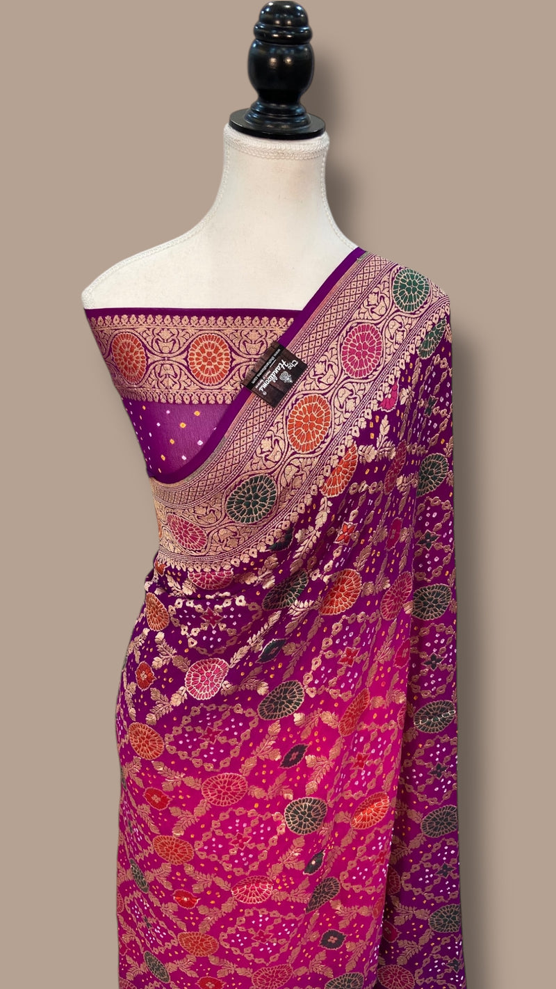 Pure Georgette Banarasi Bandhej Handloom Saree - with meenakari work - The Handlooms