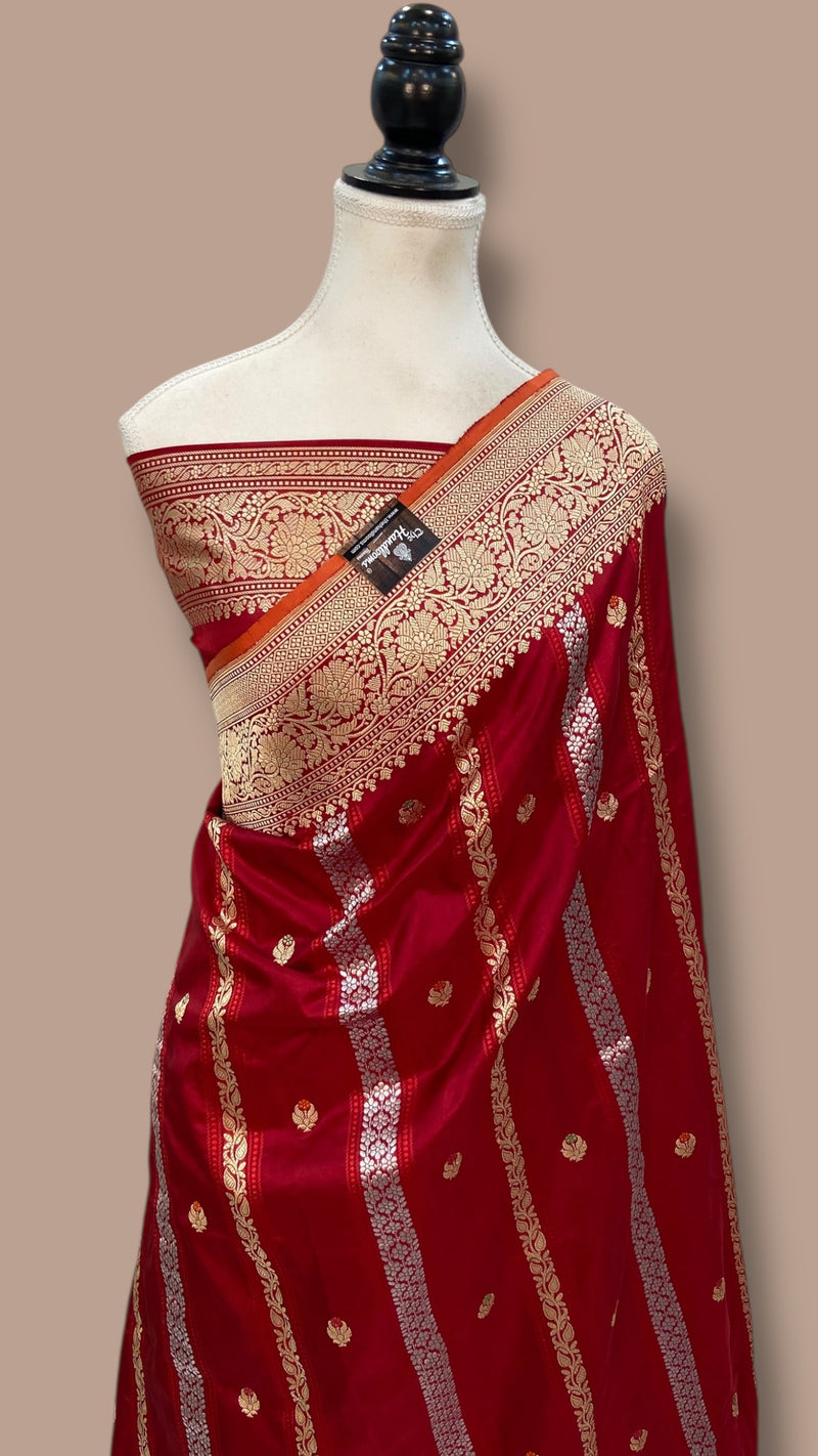 Pure Katan Silk Banarasi Handloom Saree - All over soona roopa Kadua stripe - The Handlooms