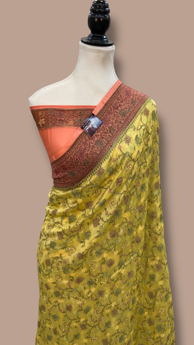 Yellow Pure Butter Crepe Banarasi Saree - The Handlooms