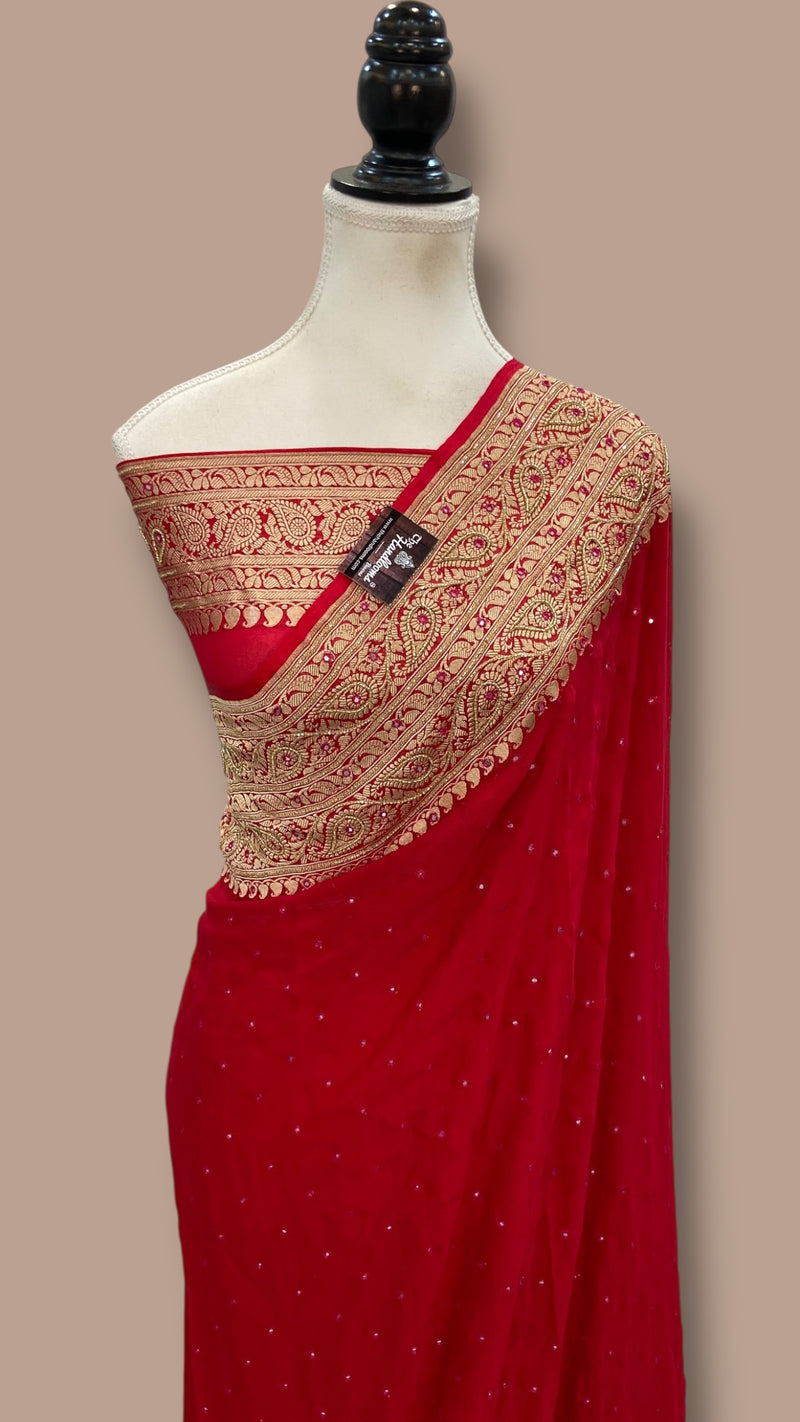 Khaddi Georgette Handloom Banarasi Saree with Handwork: Gota Patti, Zardozi, Diamond Chain, Katdana, and Abla Detailing - The Handlooms