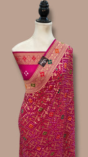 Pure Georgette Banarasi Bandhej Handloom Saree - Meenakari - The Handlooms