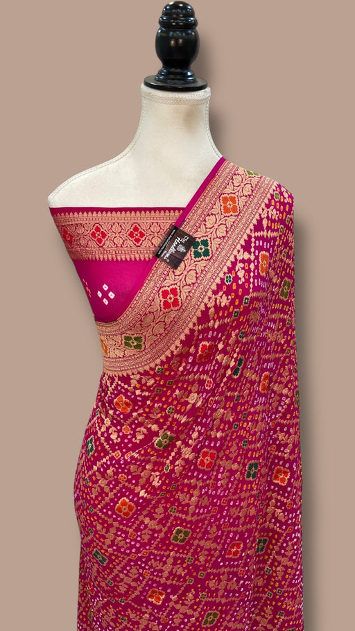Pure Georgette Banarasi Bandhej Handloom Saree - Meenakari - The Handlooms