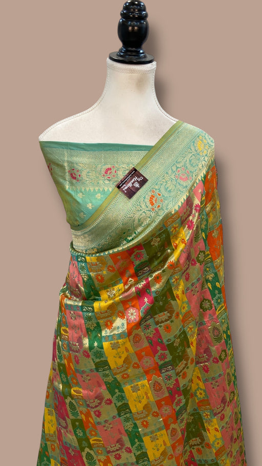Multicolor Pure Katan Silk Banarasi Handloom Saree - All over Jaal Work With Rangkart - The Handlooms