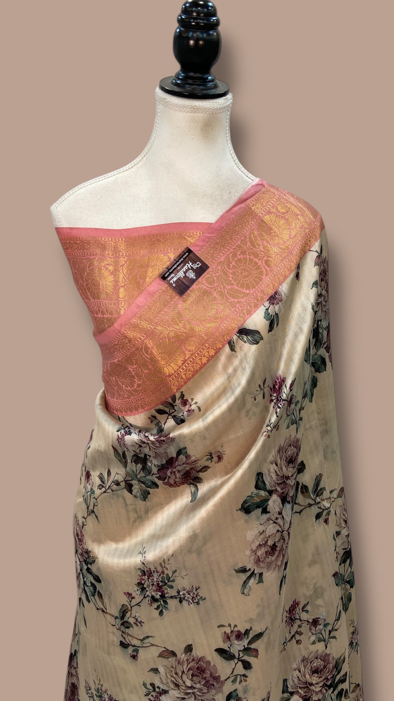 Pure Mango Silk Banarasi Handlokom Saree With Digital Print - The Handlooms