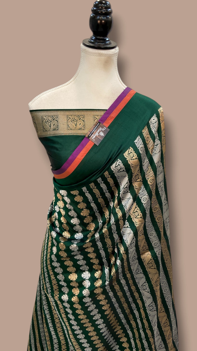 Bottle Green Nita Ambani Pure Katan Silk Banarasi Handloom Saree - All over Jaal work - With Meenakari - The Handlooms