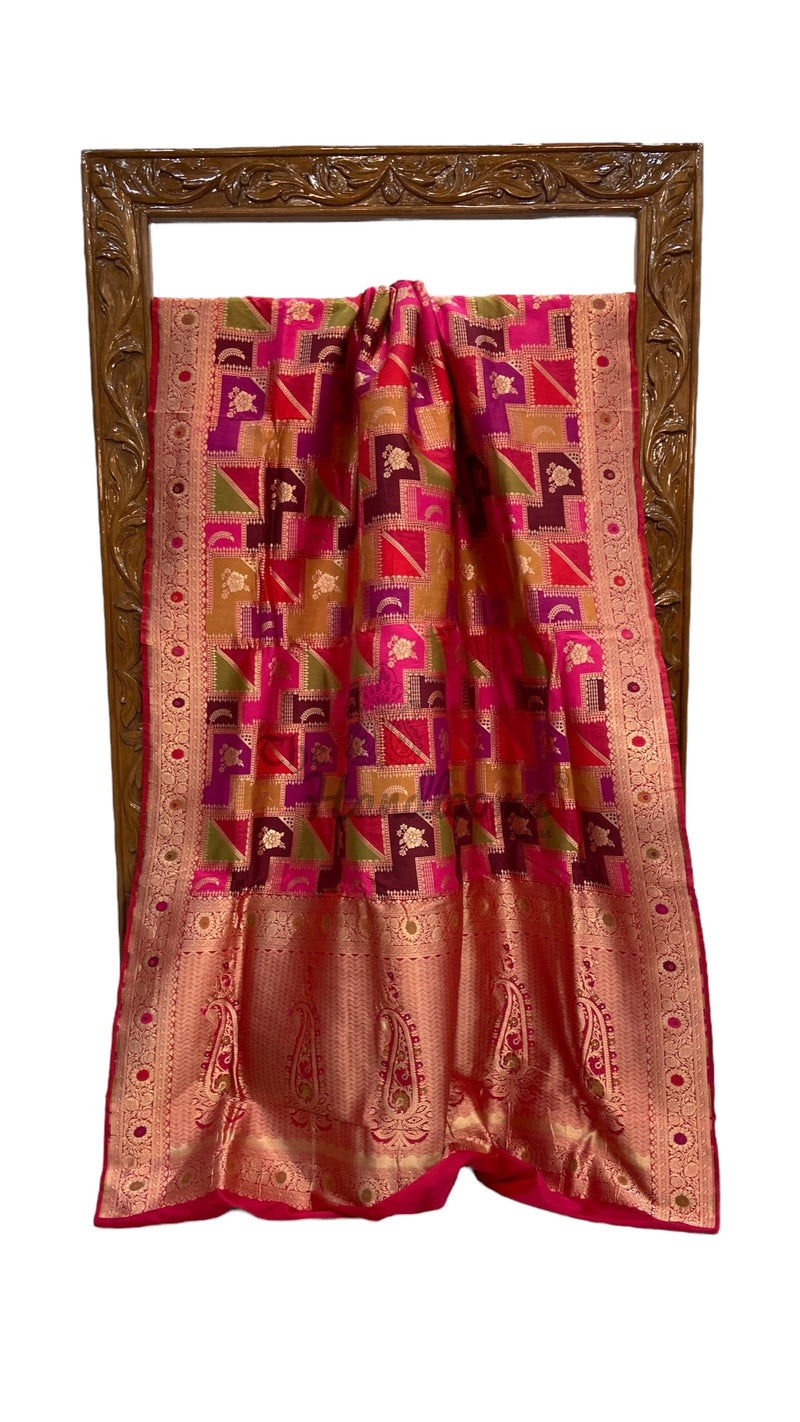 Multicolor Pure Katan Silk Banarasi Handloom Saree - All over Jaal Work With Rangkart