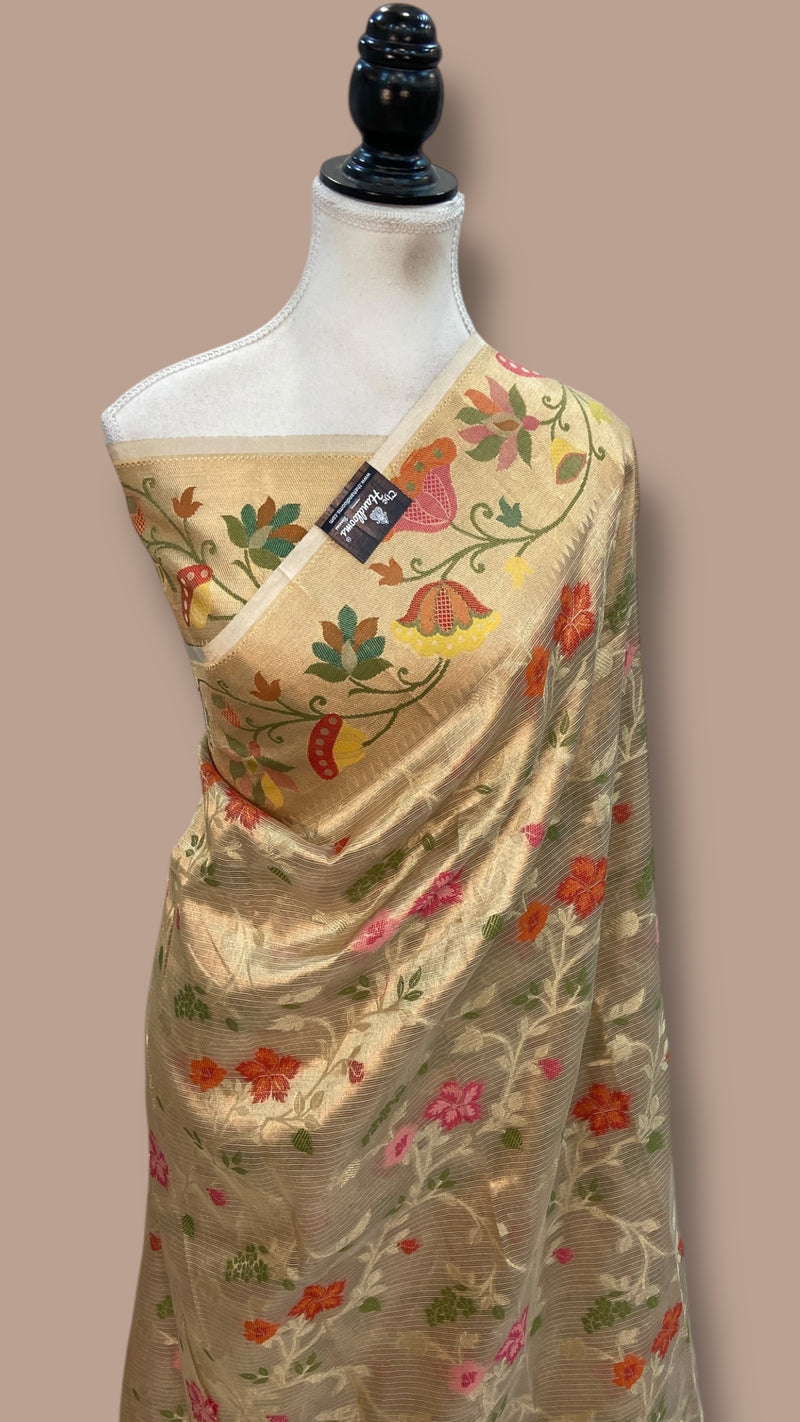 Pure Kora Tissue Handloom Banarasi Saree - Paithani Border - The Handlooms