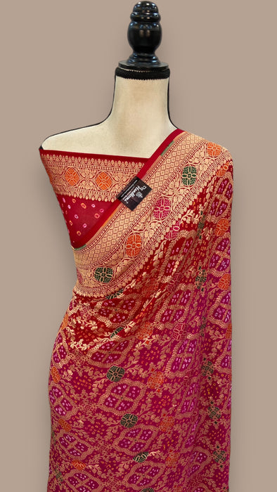 Pure Georgette Banarasi Bandhej Handloom Saree - with meenakari work