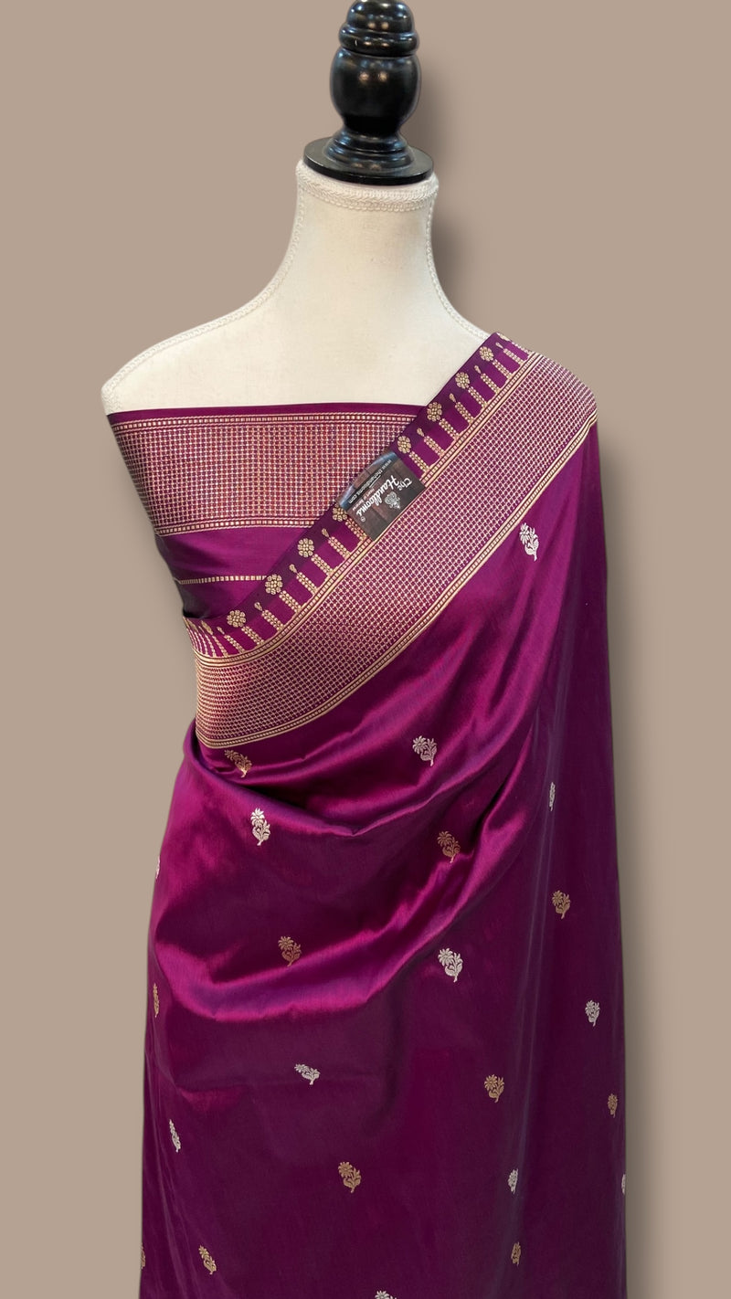 Pure Katan Silk Banarasi Handloom Saree - All over Sona Roopa Kadua motifs - The Handlooms