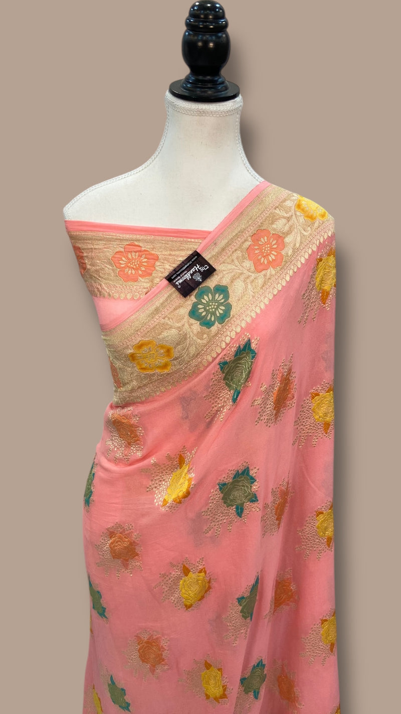Pure Khaddi Georgette Handloom Banarasi Saree - All over Jaal Work With Meenakari - The Handlooms