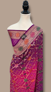 Pure Georgette Banarasi Bandhej Handloom Saree - with meenakari work - The Handlooms