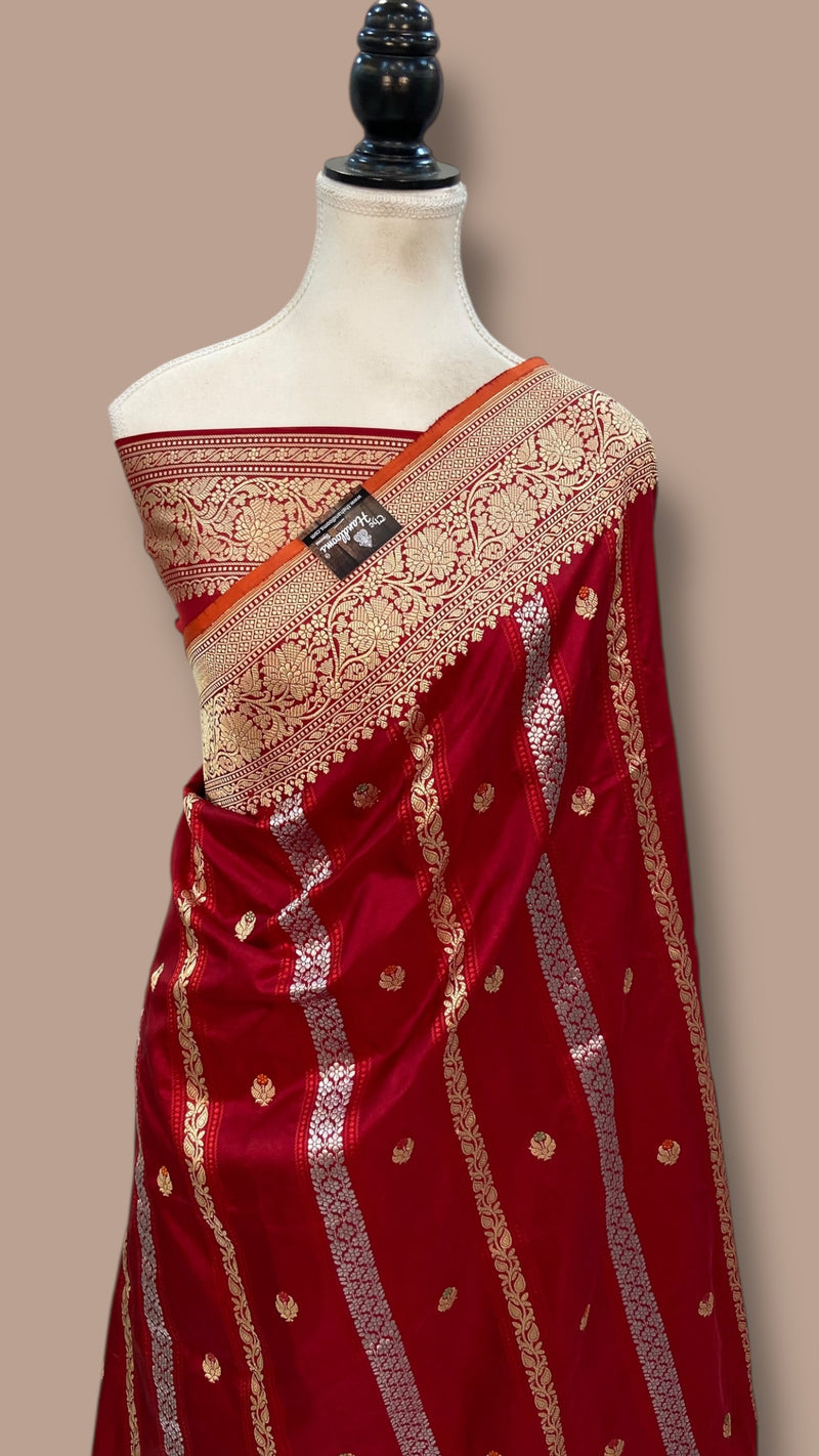 Pure Katan Silk Banarasi Handloom Saree - All over soona roopa Kadua stripe - The Handlooms