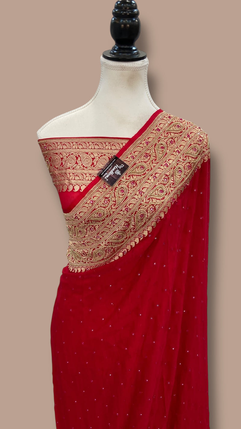 Khaddi Georgette Handloom Banarasi Saree with Handwork: Gota Patti, Zardozi, Diamond Chain, Katdana, and Abla Detailing - The Handlooms