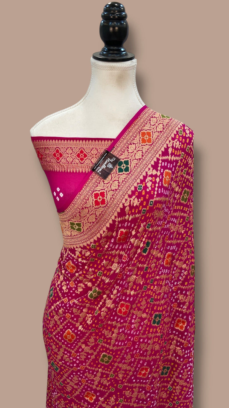 Pure Georgette Banarasi Bandhej Handloom Saree - Meenakari - The Handlooms