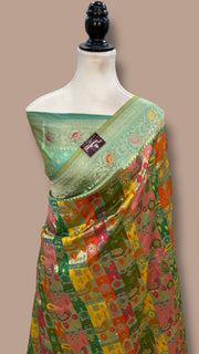 Multicolor Pure Katan Silk Banarasi Handloom Saree - All over Jaal Work With Rangkart - The Handlooms