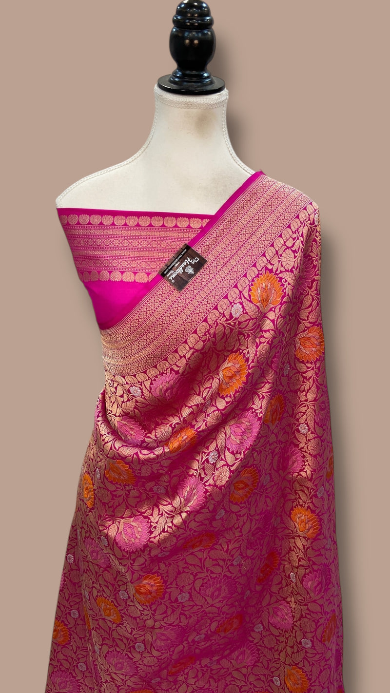 Regal Pure Katan Silk Banarasi Saree – Handwoven Tanchui Brocade with Meenakari Work - The Handlooms