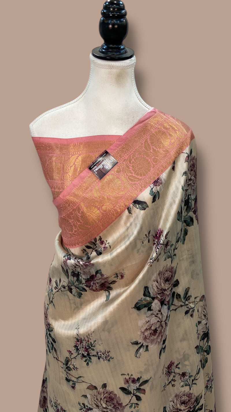 Pure Mango Silk Banarasi Handlokom Saree With Digital Print - The Handlooms