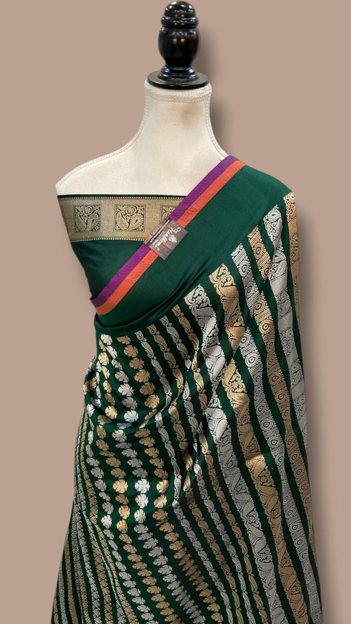 Bottle Green Nita Ambani Pure Katan Silk Banarasi Handloom Saree - All over Jaal work - With Meenakari - The Handlooms
