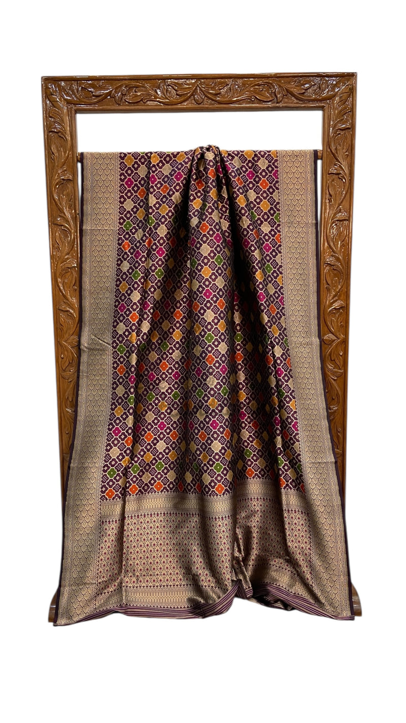 Multicolor Pure Katan Silk Banarasi Handloom Saree - All over Jaal Work With Rangkart