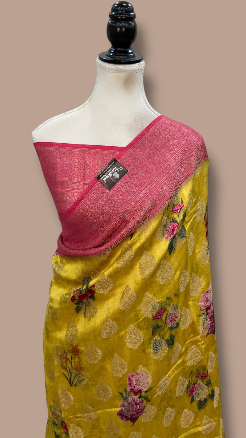 Pure Chiniya Silk Handloom Banarasi Saree Digital Print - The Handlooms