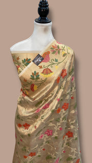 Pure Kora Tissue Handloom Banarasi Saree - Paithani Border - The Handlooms