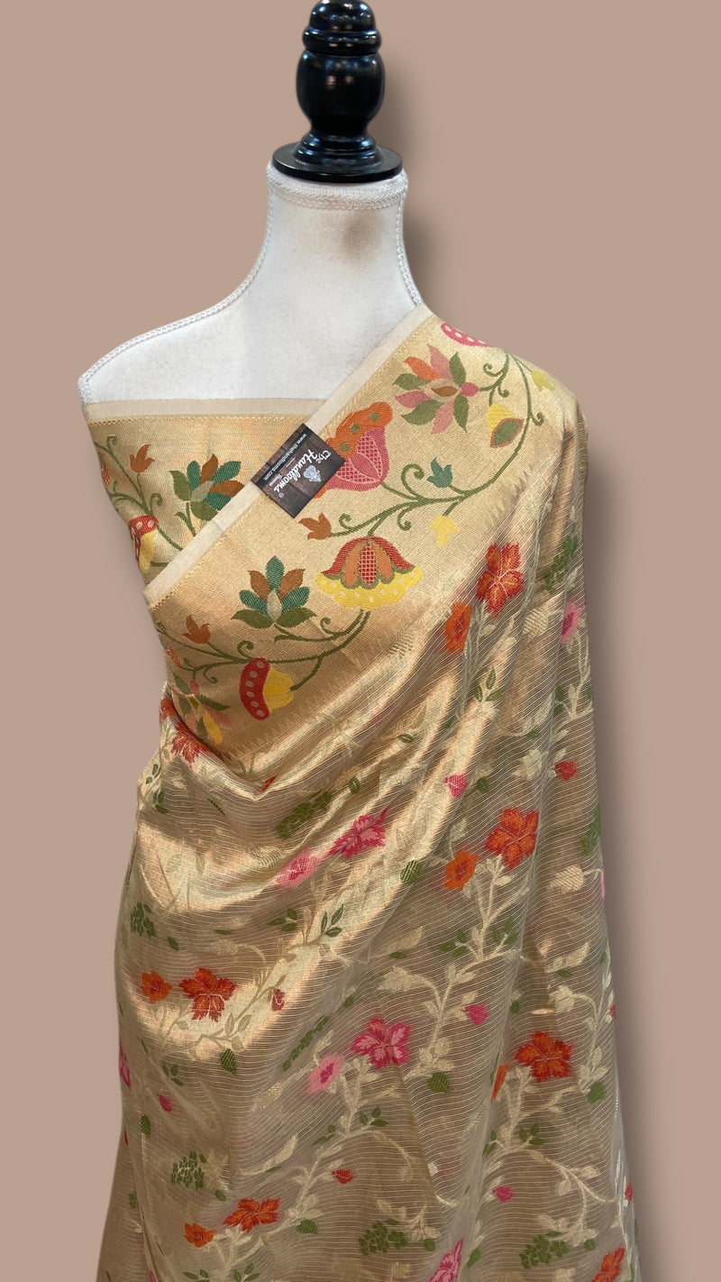 Pure Kora Tissue Handloom Banarasi Saree - Paithani Border - The Handlooms