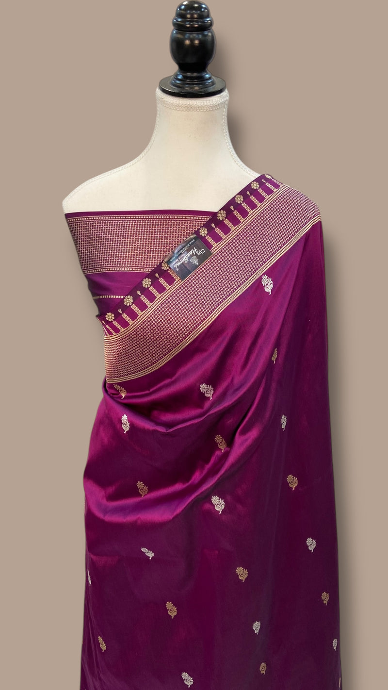 Pure Katan Silk Banarasi Handloom Saree - All over Sona Roopa Kadua motifs - The Handlooms