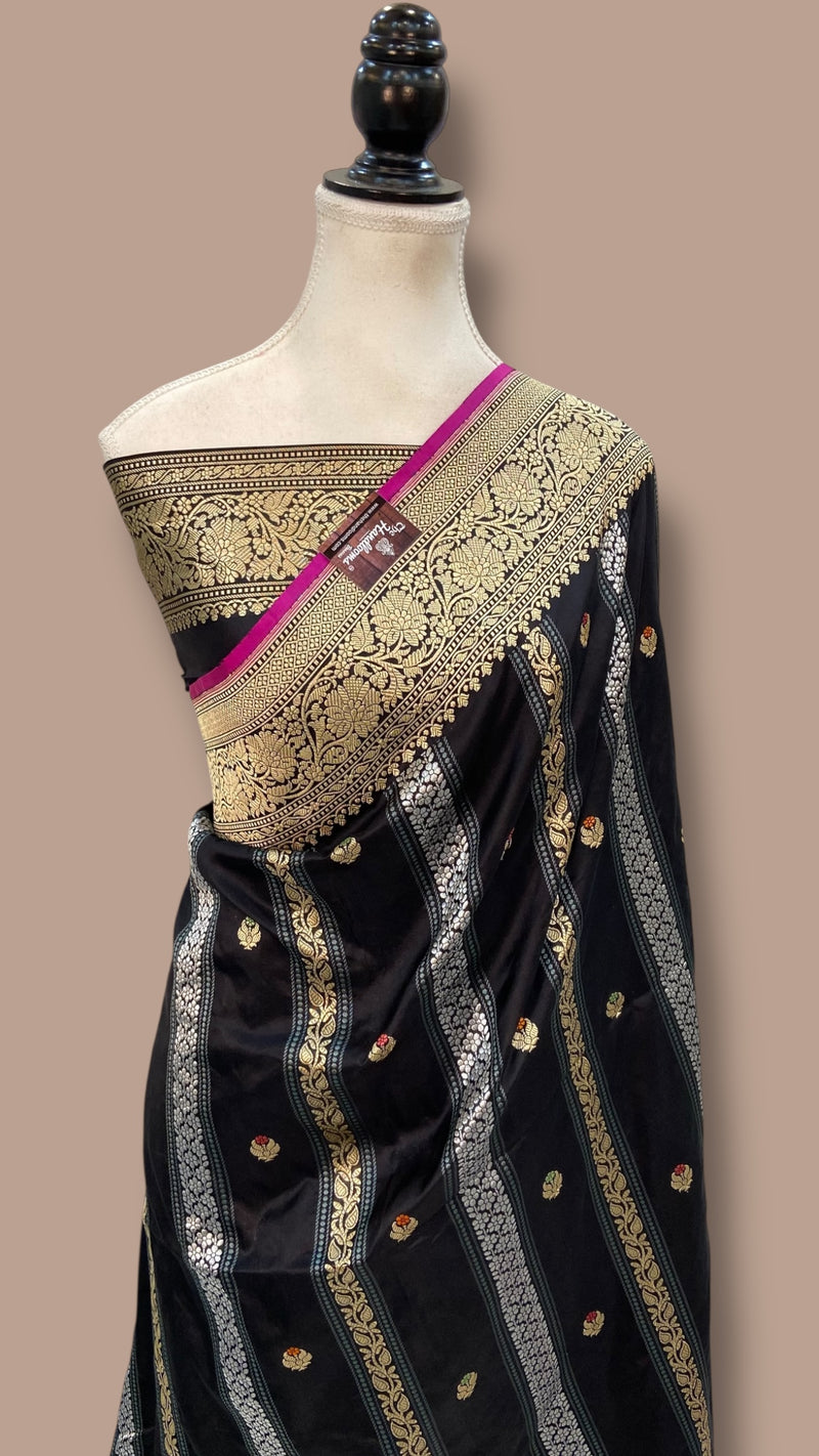 Pure Katan Silk Banarasi Handloom Saree - All over soona roopa Kadua stripe - The Handlooms