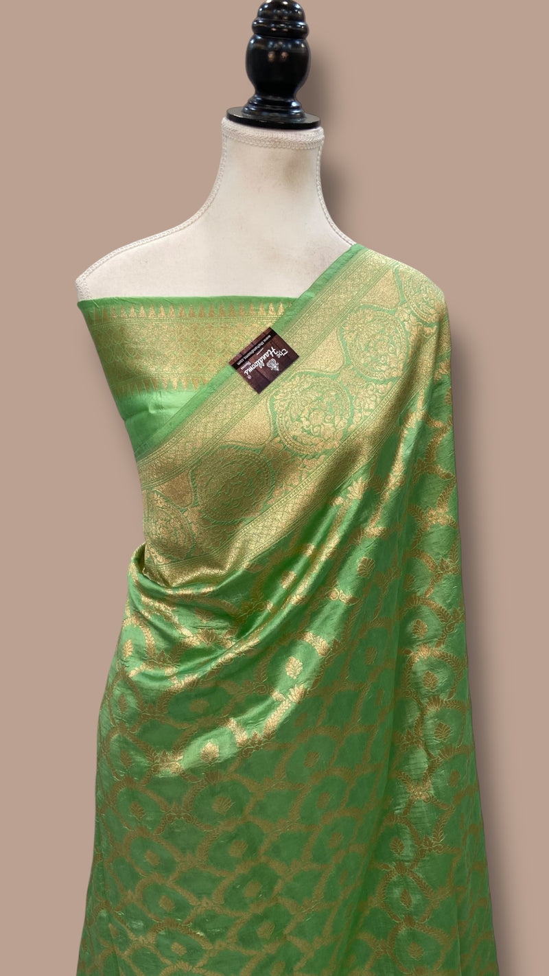 Pastel Pista Green Pure Chiniya Silk Khaddi Handloom Banarasi Saree - The Handlooms