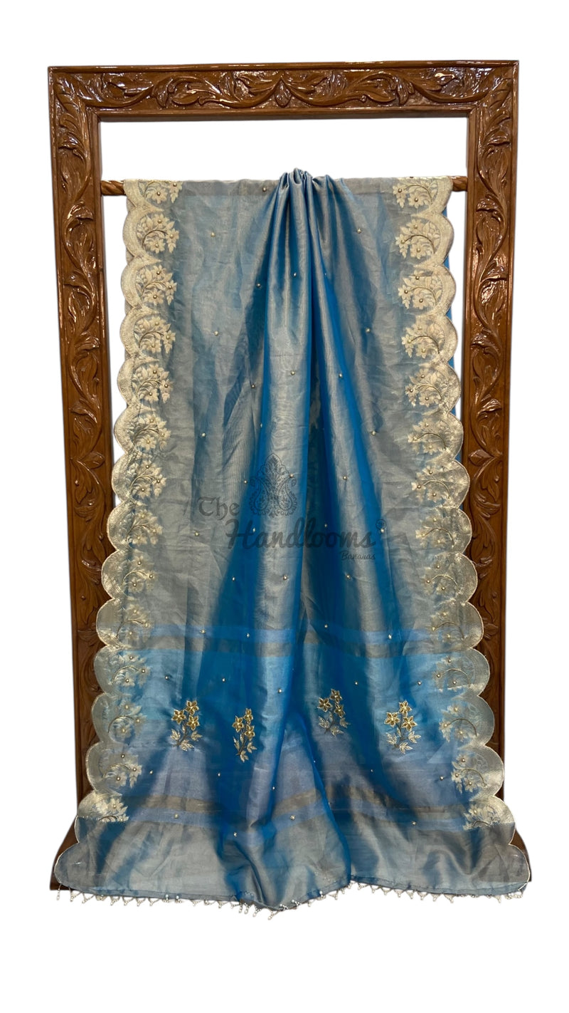 Sky Blue Pure Kora Tissue Handloom Banarasi Saree - Handwork - The Handlooms