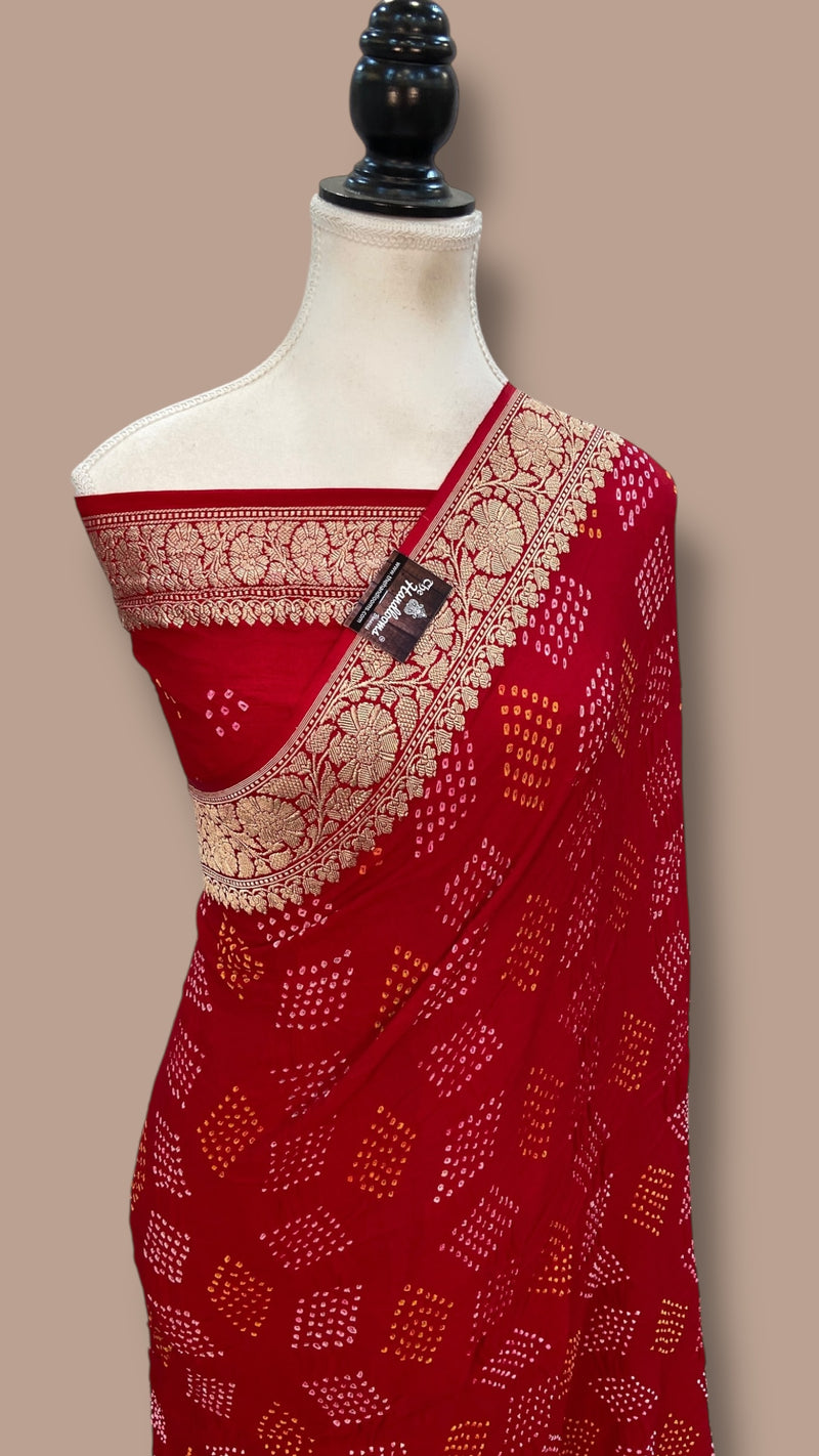 Pure Georgette Banarasi Bandhej Handloom Saree - Water Zari - The Handlooms
