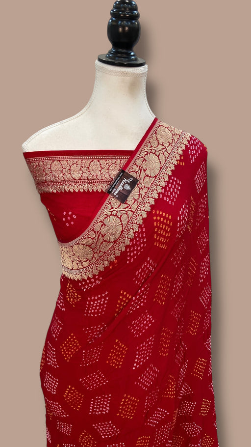 Pure Georgette Banarasi Bandhej Handloom Saree - Water Zari - The Handlooms