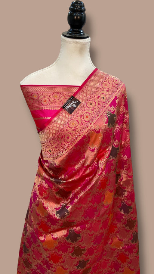 Multicolor Pure Katan Silk Banarasi Handloom Saree - All over Jaal Work With Rangkart - The Handlooms