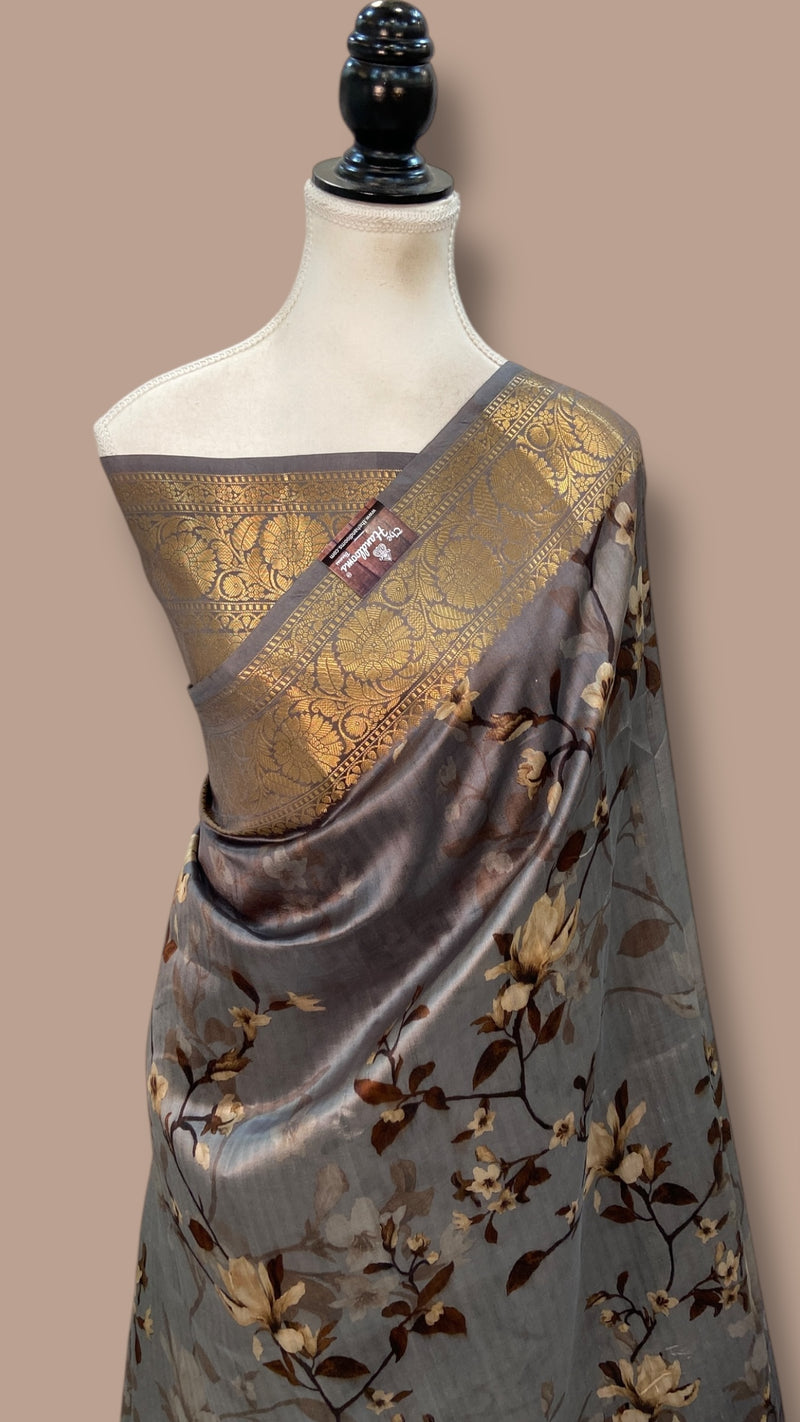 Pure Mango Silk Banarasi Handlokom Saree With Digital Print - The Handlooms