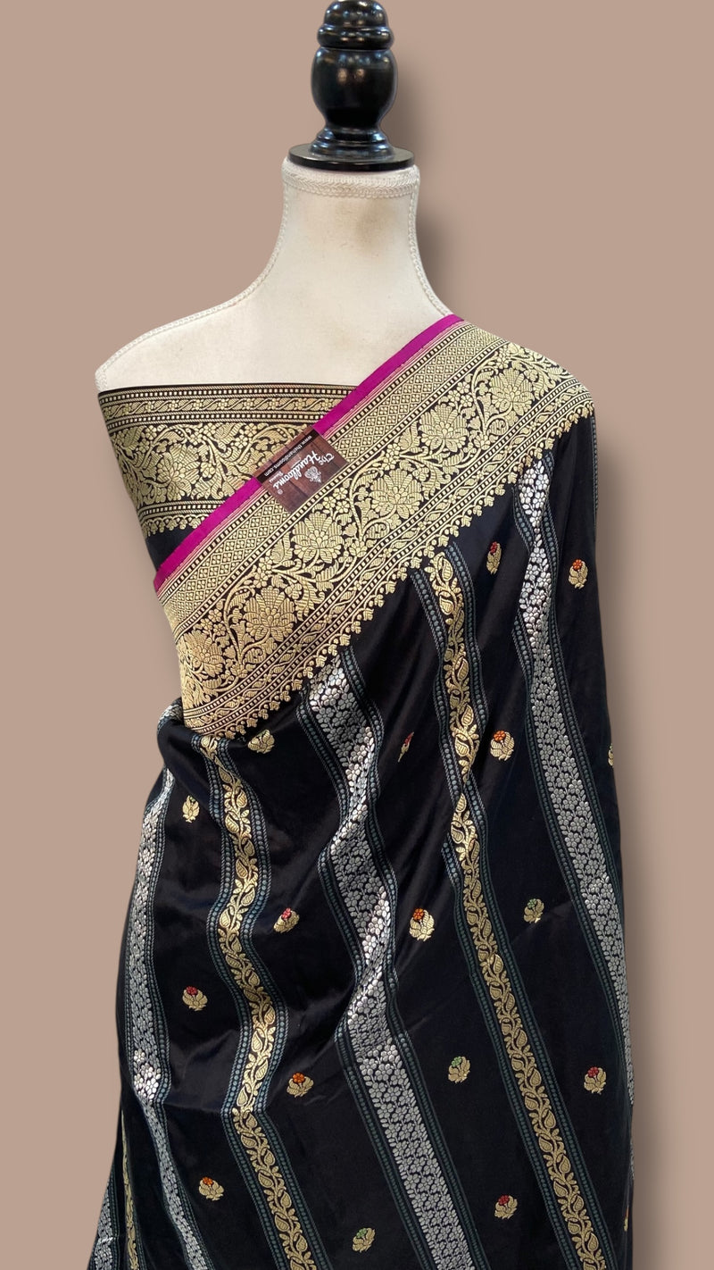 Pure Katan Silk Banarasi Handloom Saree - All over soona roopa Kadua stripe - The Handlooms