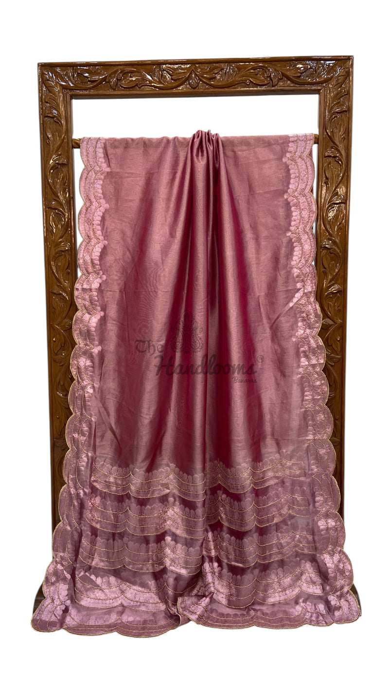Dusty Rose Pink Pure Kora Tissue Handloom Banarasi Saree - Handwork - The Handlooms