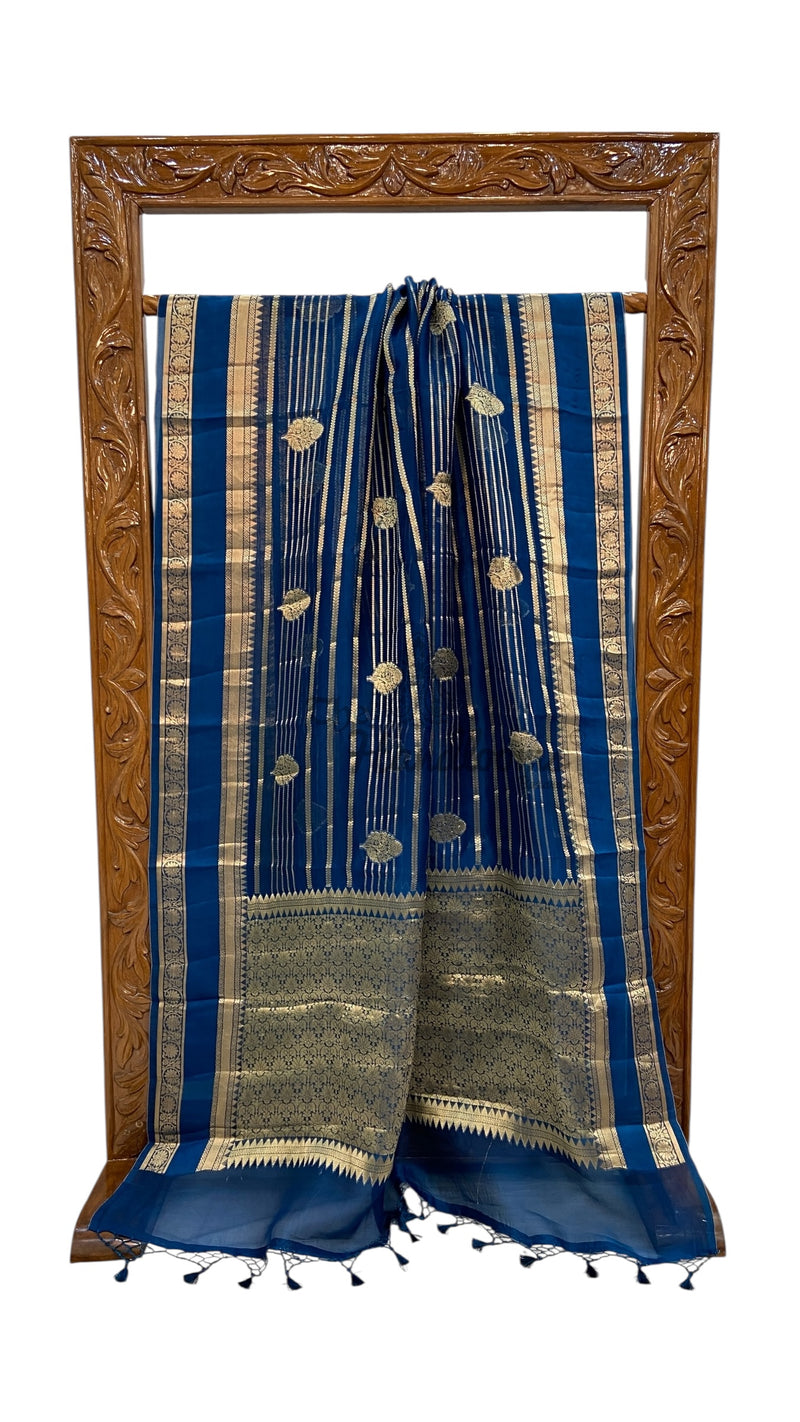 German Blue Pure Kora Handloom Banarasi Saree - The Handlooms