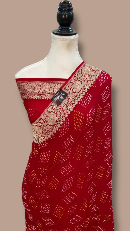 Pure Georgette Banarasi Bandhej Handloom Saree - Water Zari - The Handlooms