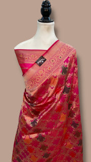 Multicolor Pure Katan Silk Banarasi Handloom Saree - All over Jaal Work With Rangkart - The Handlooms