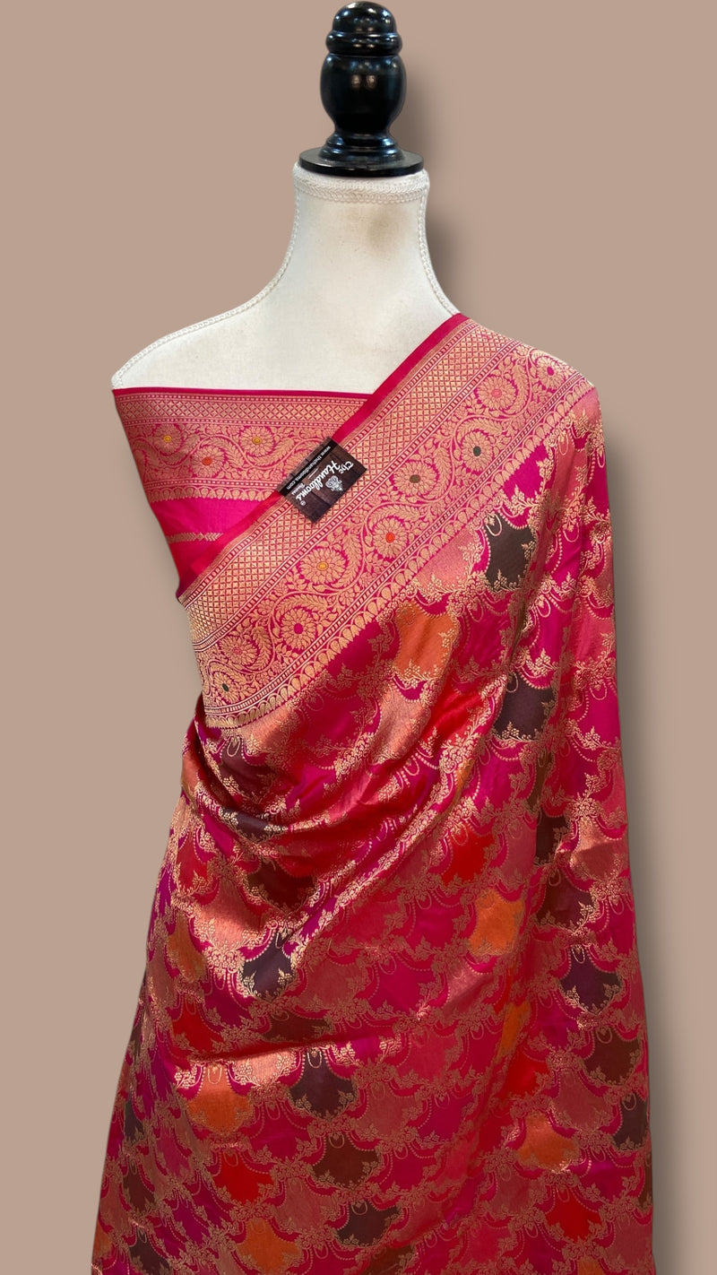 Multicolor Pure Katan Silk Banarasi Handloom Saree - All over Jaal Work With Rangkart - The Handlooms